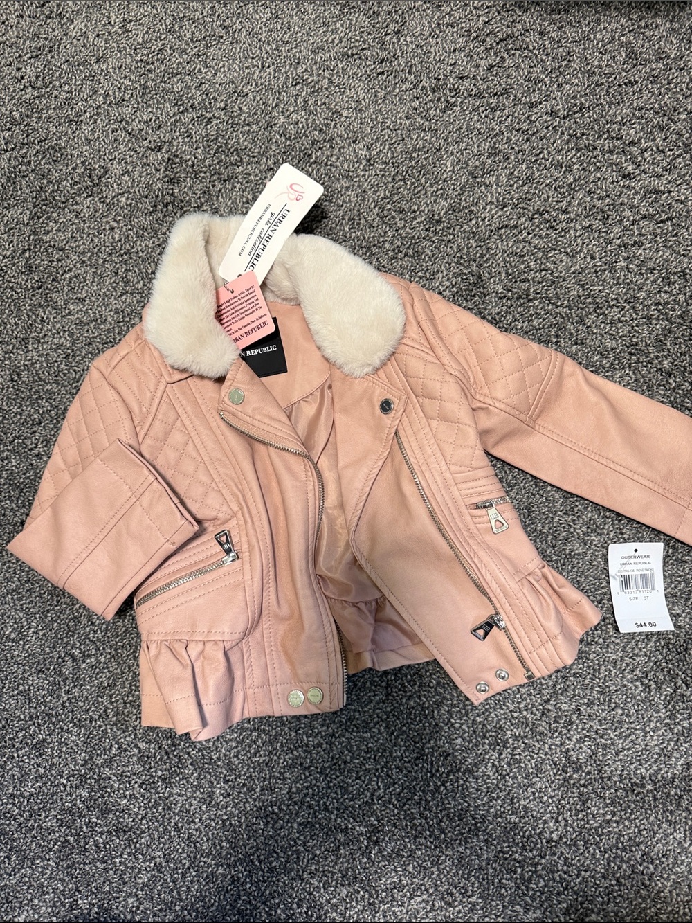 Urban Republic Girls Blush Pink Quilted Faux-Leather Jacket with Faux-Fur Collar
